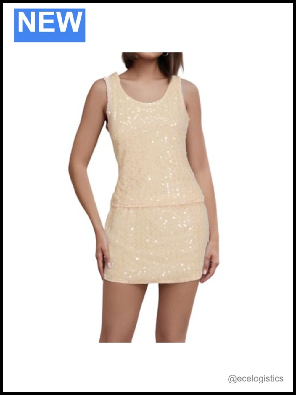 Women's Sequin Two Piece Skirt Outfit Sleeveless Cami Crop Top Bodycon Mini